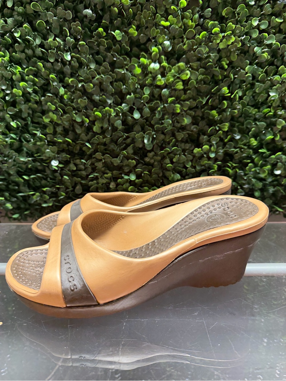 CROCS Women's Tan and Brown Wedge Slide Sandals